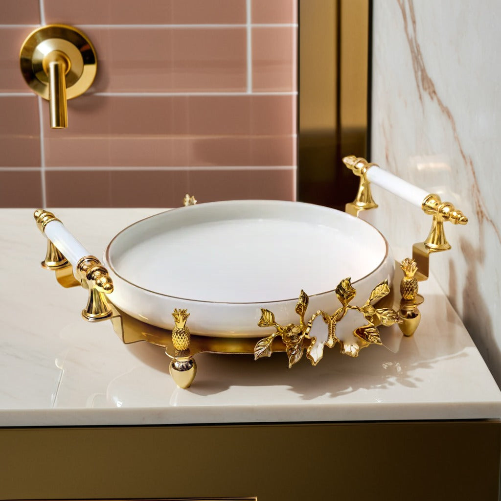Ceramic Platter with Metal Golden Stand