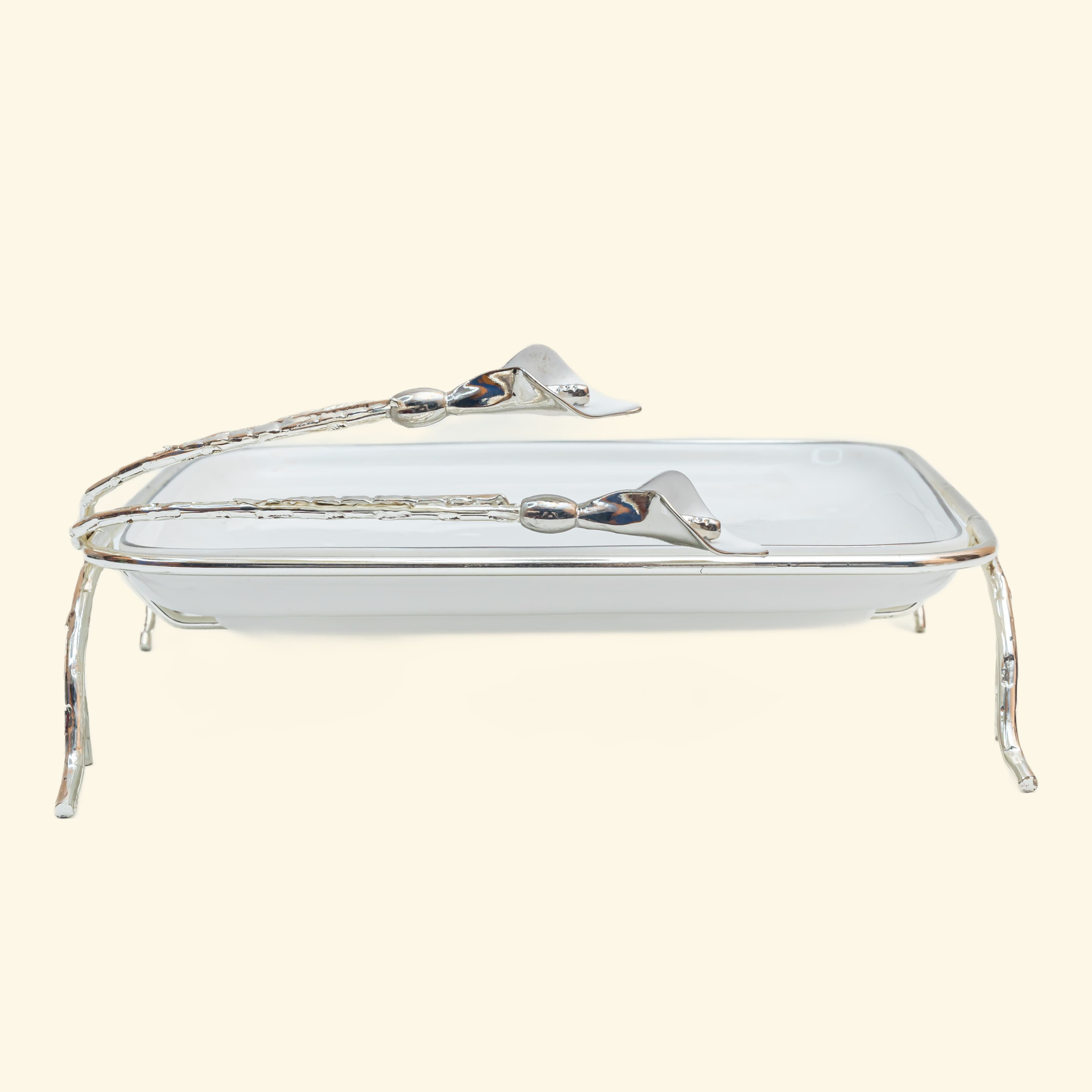 Ceramic Platter with Metal Silver Stand