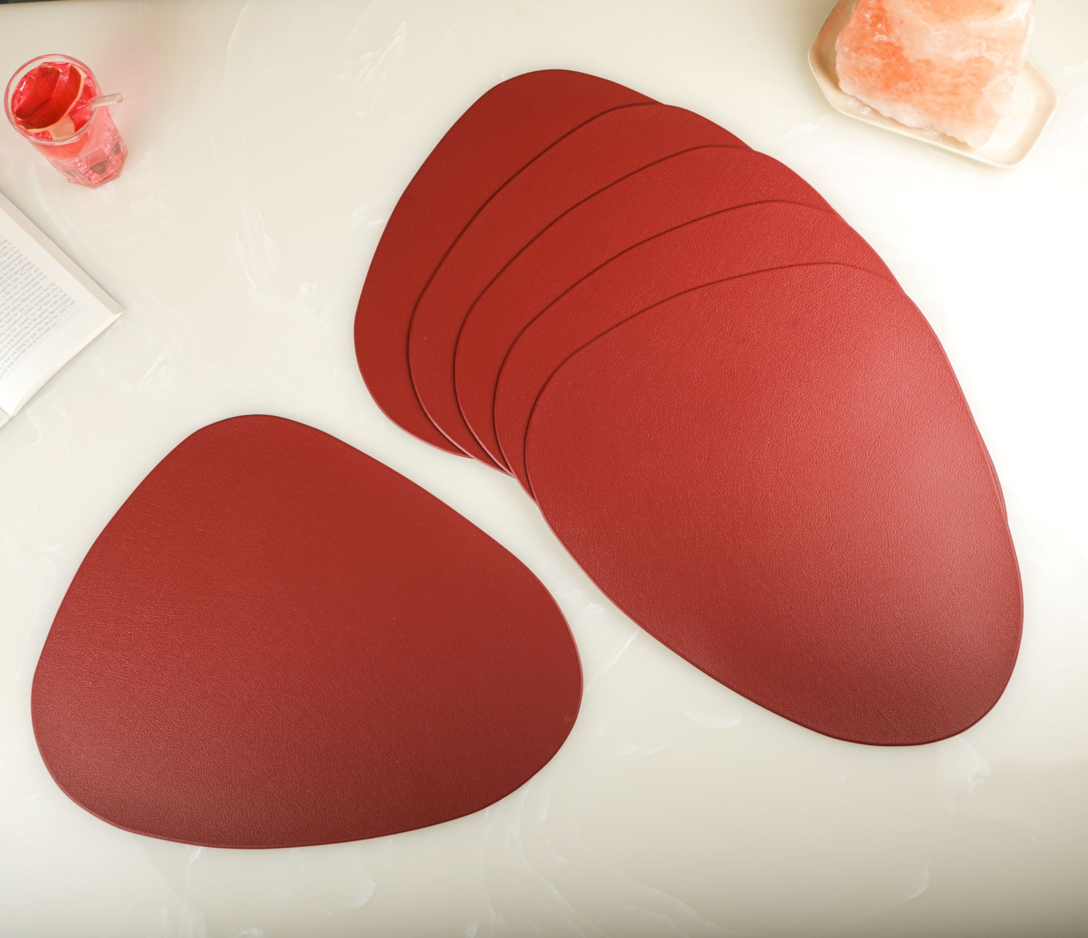 Red Oval Leather Table Mats (Set Of 6)