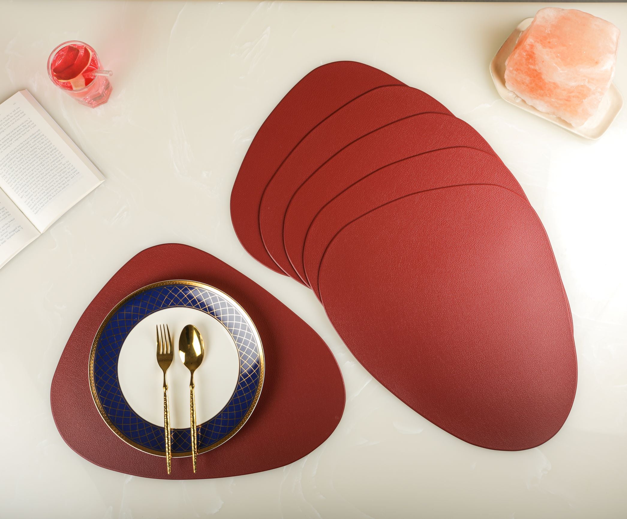 Red Oval Leather Table Mats (Set Of 6)