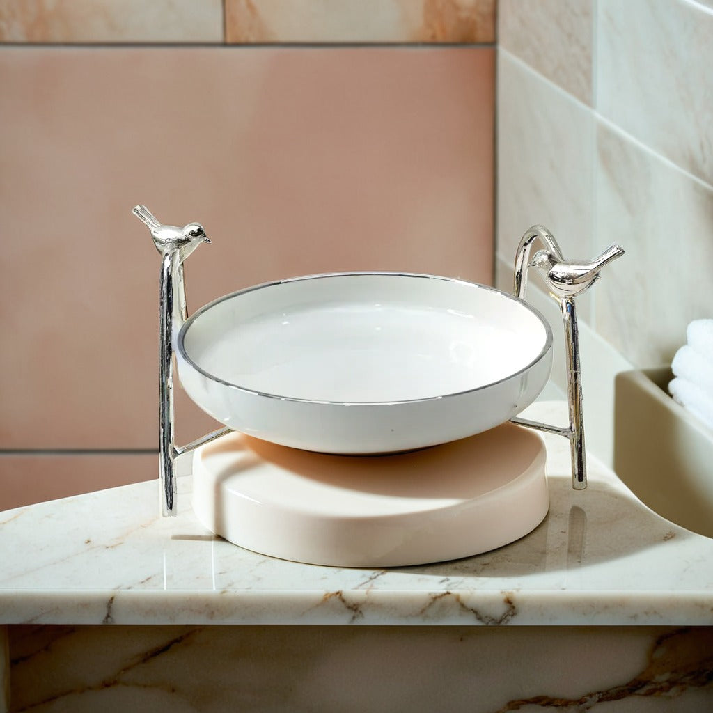 Ceramic Platter with Metal Silver Stand